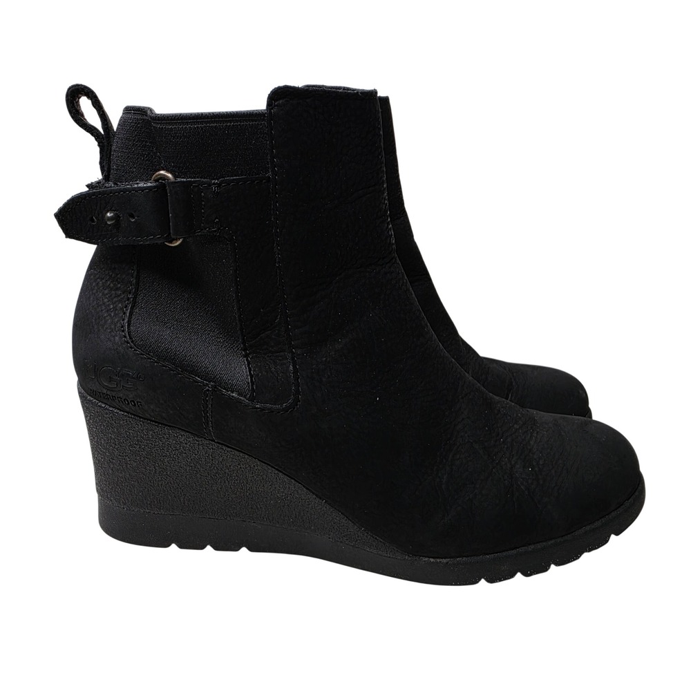 UGG Boots Women 7 Black Kasen Waterproof Leather Wedge Ankle Booties 1017403